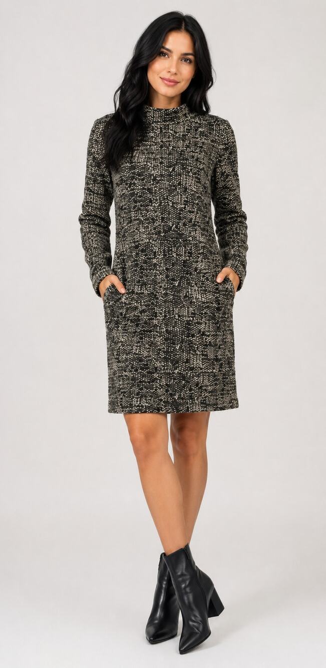 AKRIS PUNTO Woven Knit Sweater Dress 8 Tweed Textured Zip Side Pockets Black